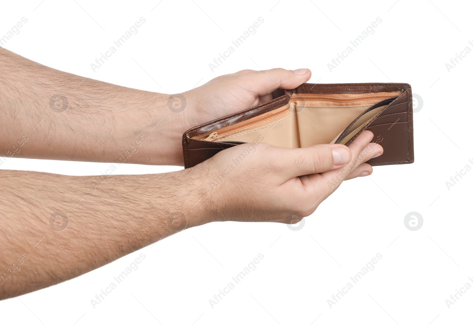 Photo of Man showing empty wallet on white background, closeup