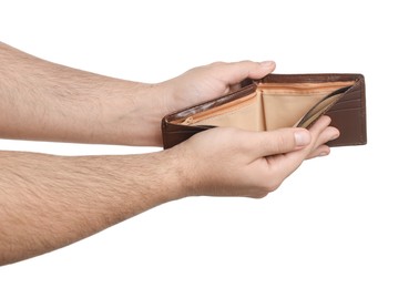 Man showing empty wallet on white background, closeup