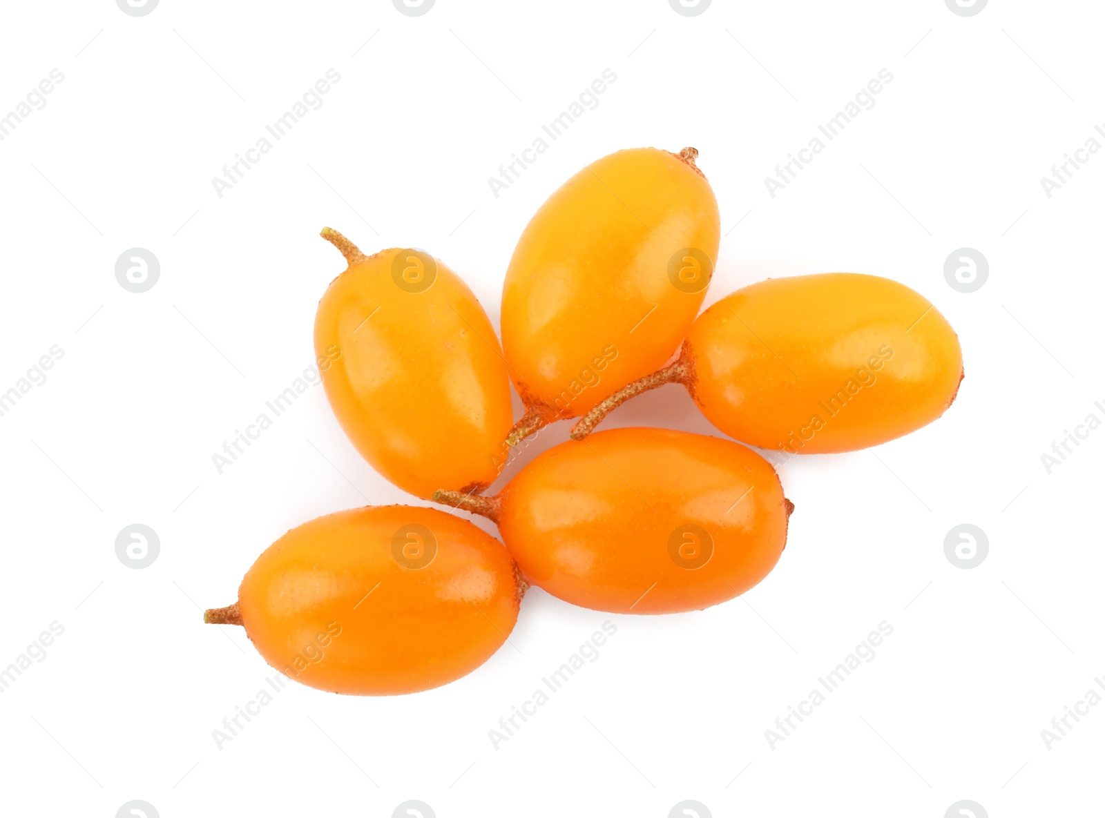 Photo of Fresh ripe sea buckthorn berries on white background, top view