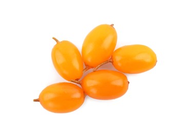 Photo of Fresh ripe sea buckthorn berries on white background, top view