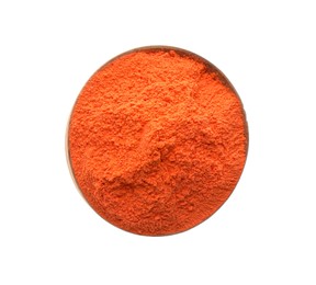 Orange powder in bowl isolated on white, top view. Holi festival celebration
