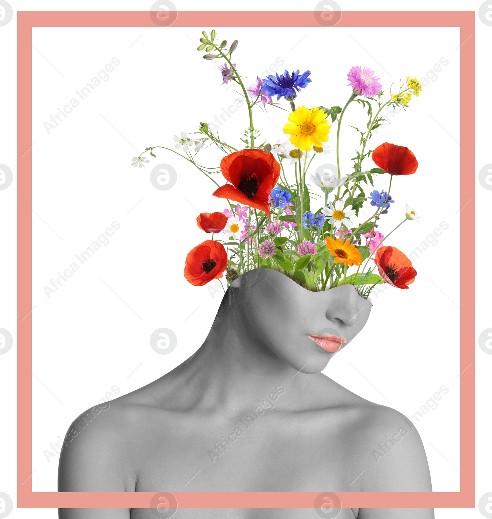 Image of Creative art collage with beautiful meadow flowers and woman on color background