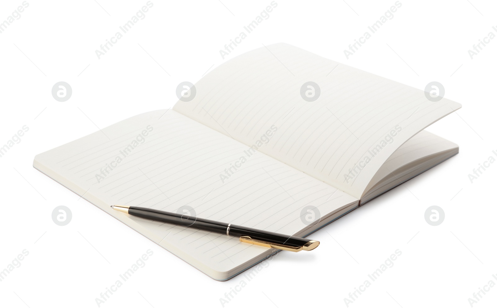 Photo of Stylish open notebook and pen isolated on white
