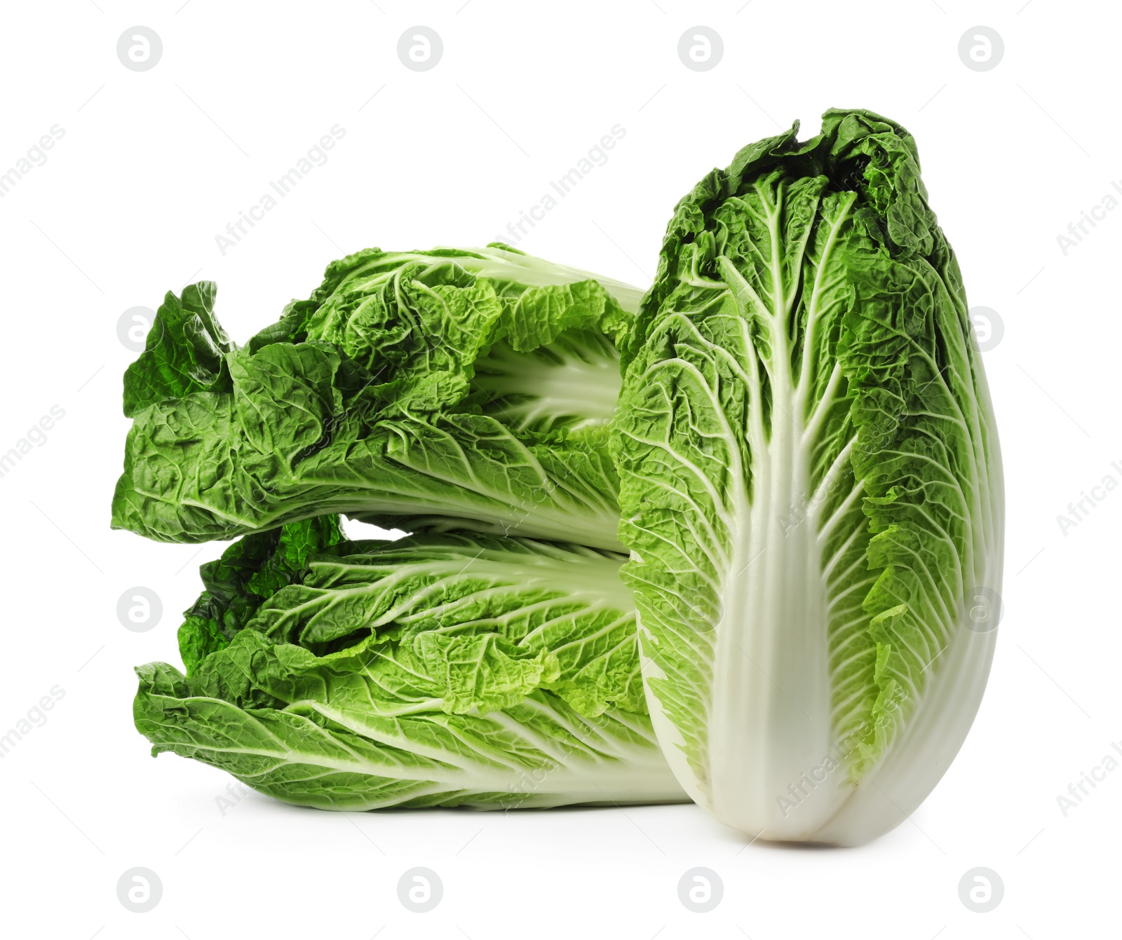 Photo of Fresh tasty Chinese cabbages on white background