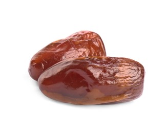 Photo of Tasty sweet dried dates on white background
