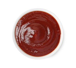 Tasty barbecue sauce in bowl isolated on white, top view