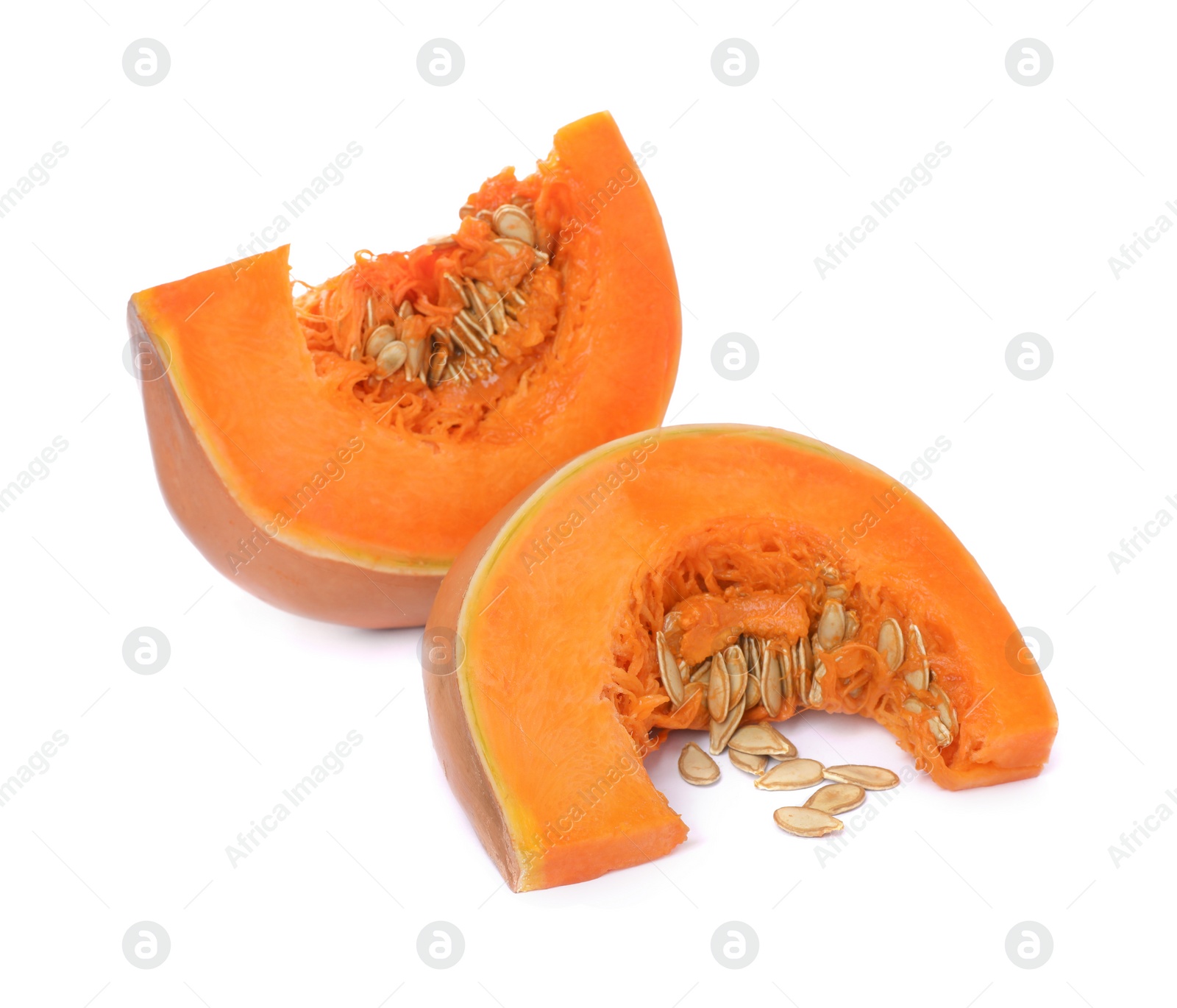 Photo of Slices of fresh ripe pumpkin on white background