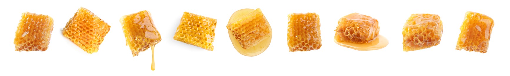 Image of Set with fresh delicious honeycombs on white background. Banner design