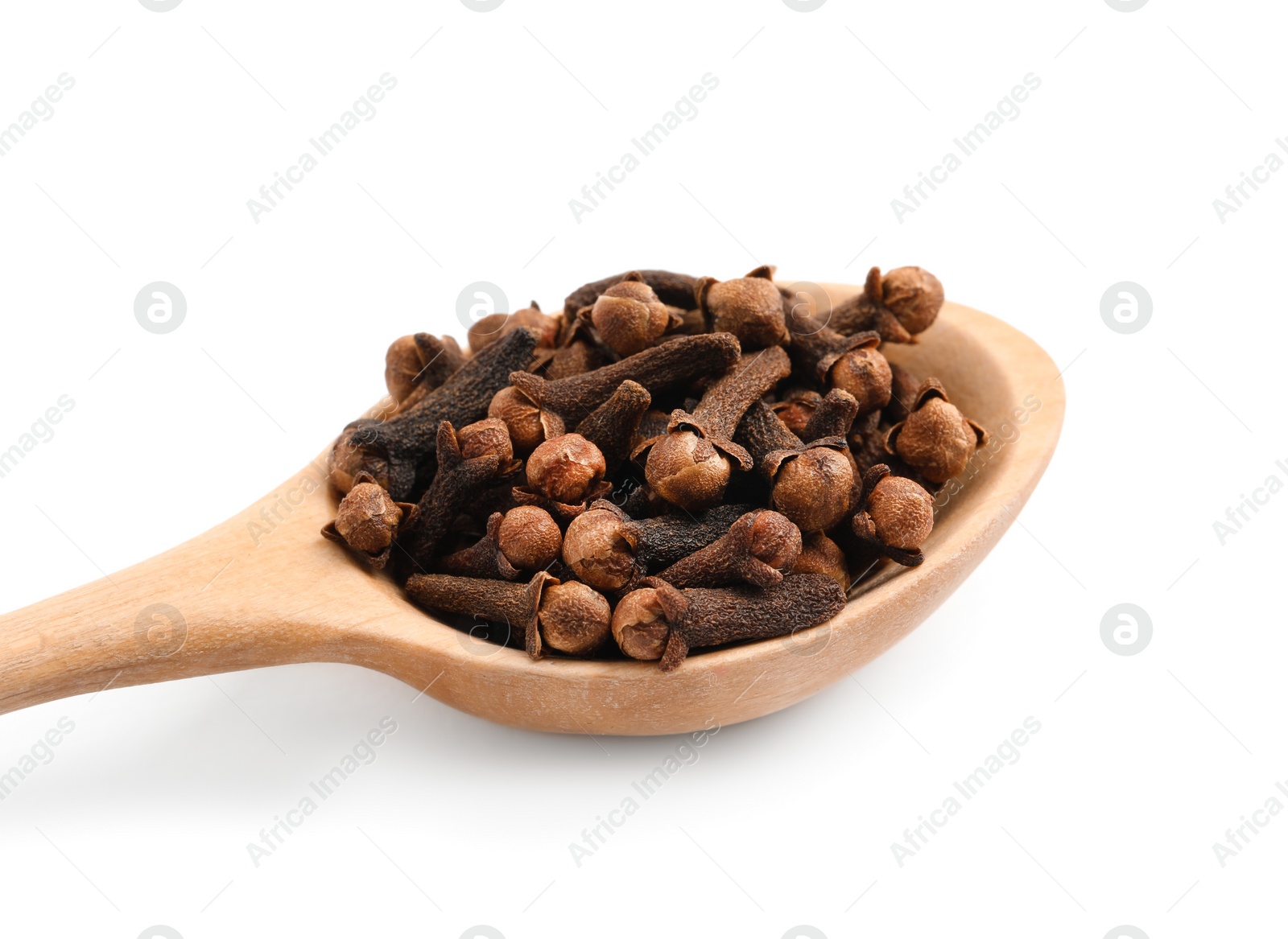 Photo of Wooden spoon with aromatic dry cloves isolated on white, closeup