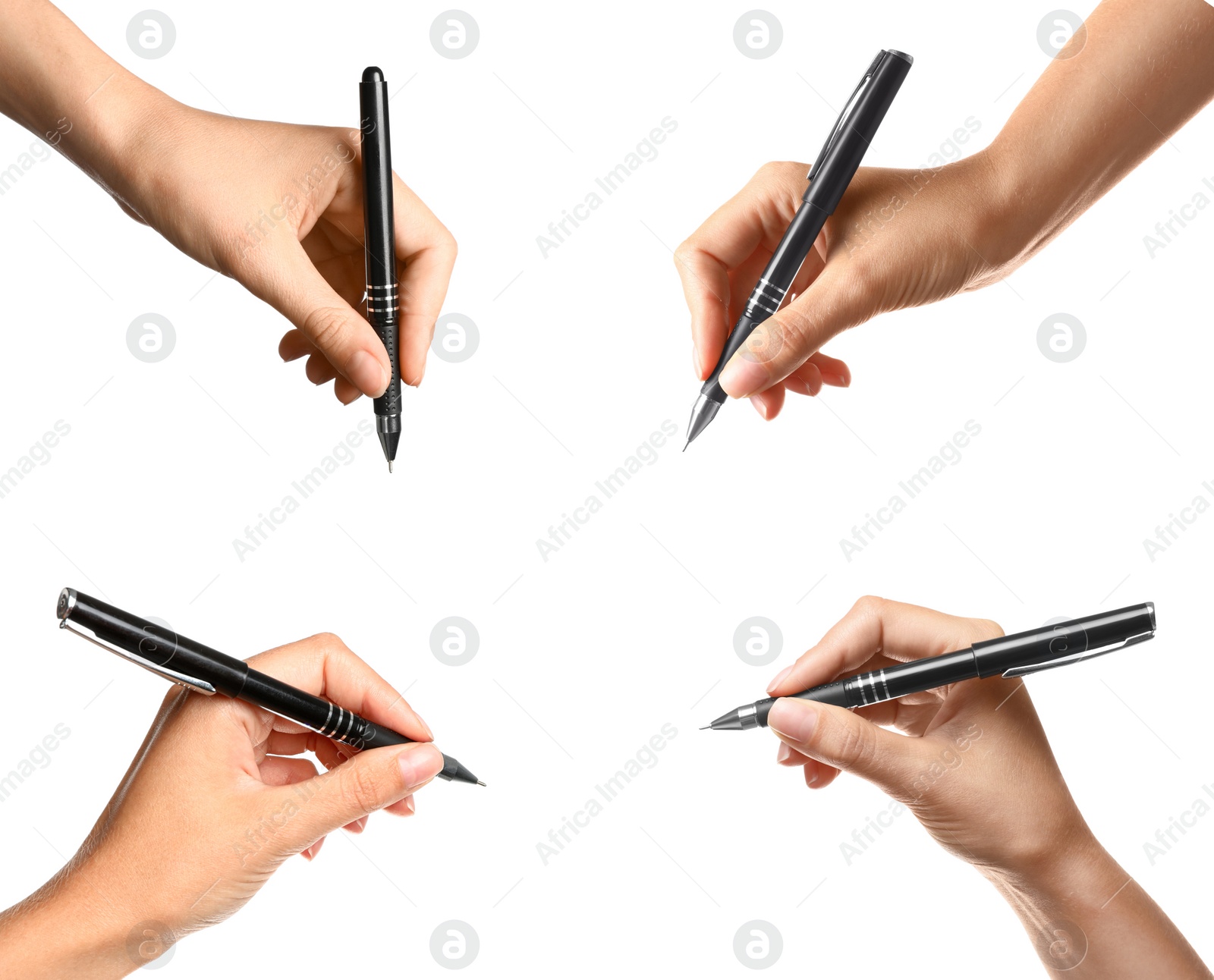 Image of Collage with photos of young women holding pens on white background