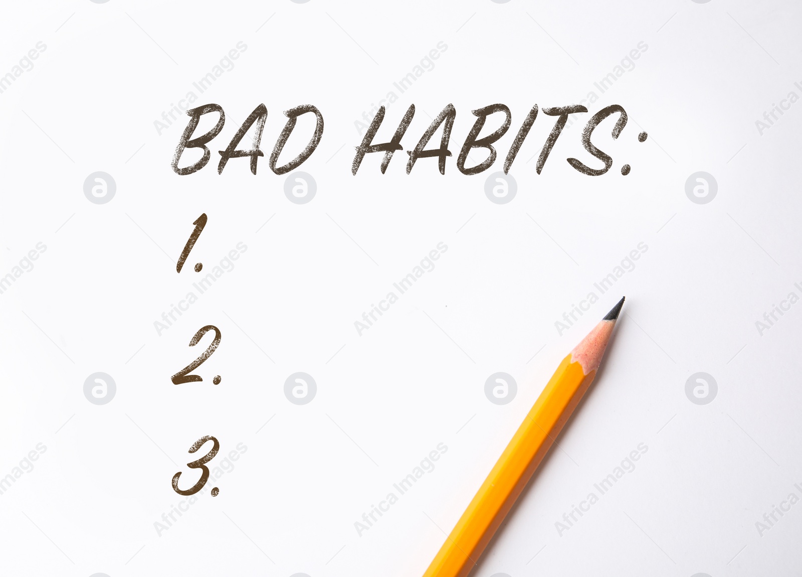 Image of List of bad habits and pencil on white paper, top view. Change your lifestyle