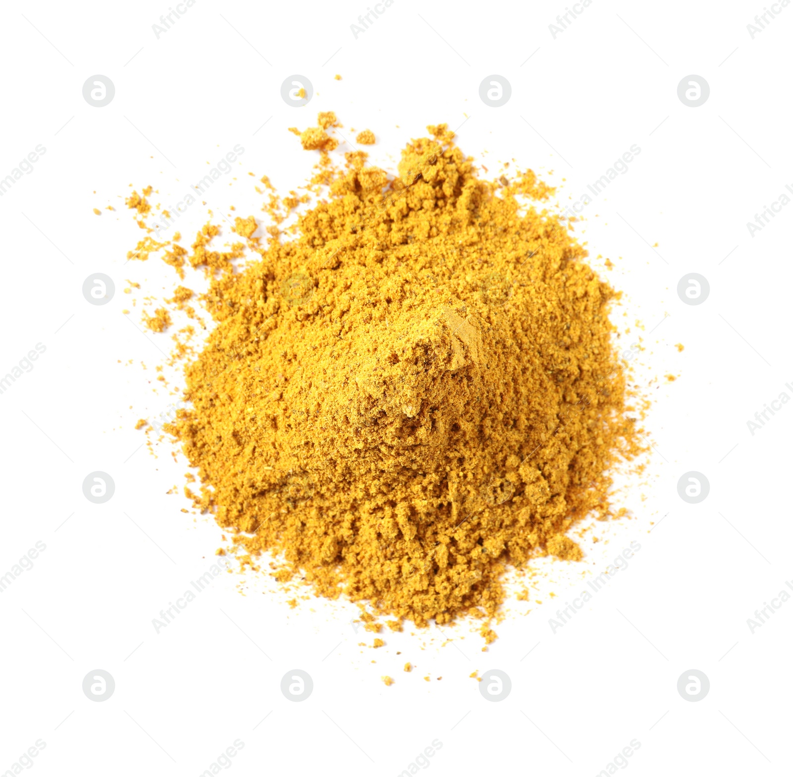 Photo of Pile of dry curry powder isolated on white, top view