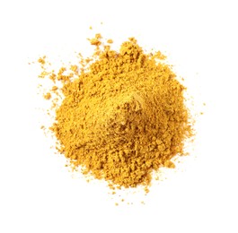 Photo of Pile of dry curry powder isolated on white, top view