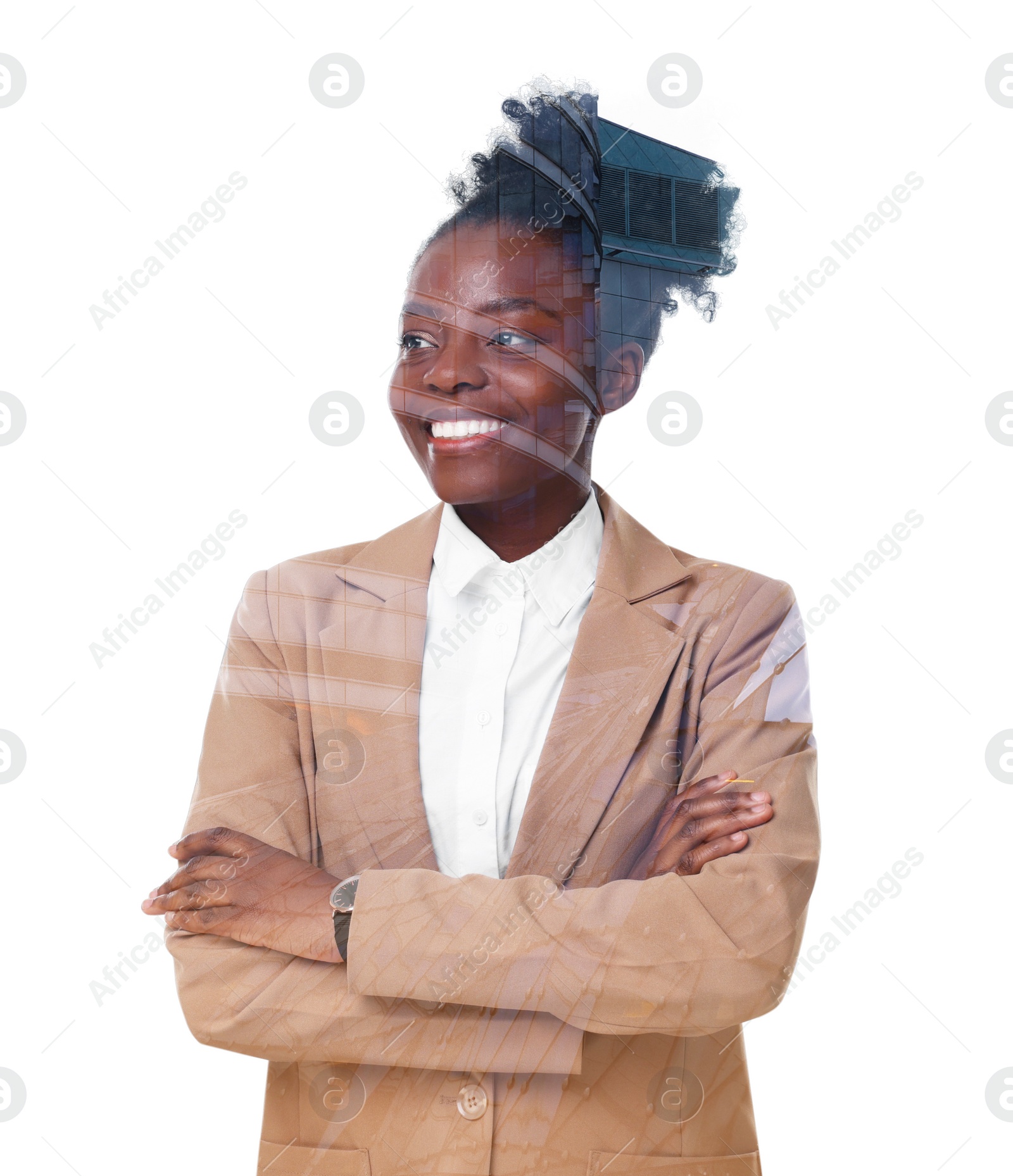 Image of Double exposure of businesswoman and office buildings