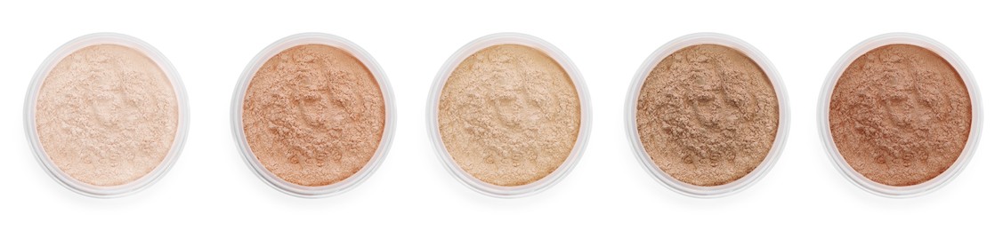 Image of Loose face powders of different shades isolated on white, collection. Top view