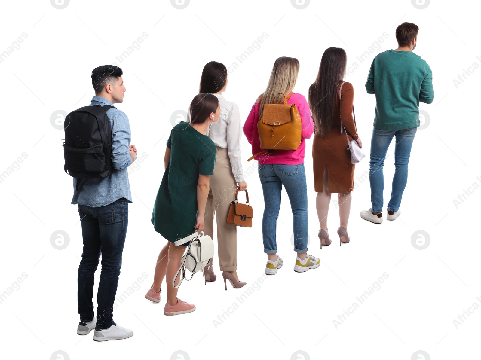 Image of People waiting in queue on white background, back view