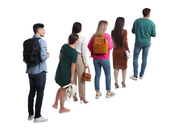 People waiting in queue on white background, back view