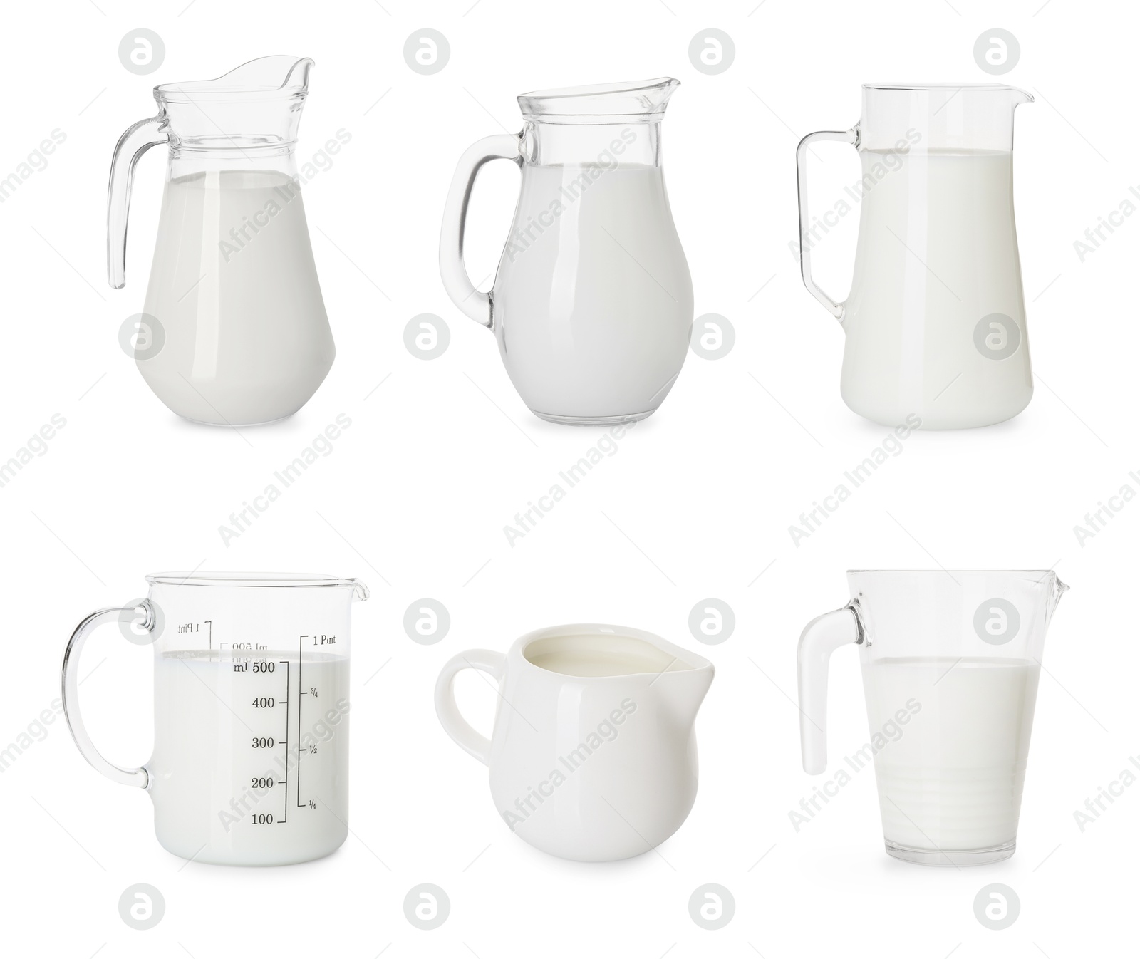 Image of Fresh milk in jugs isolated on white, set