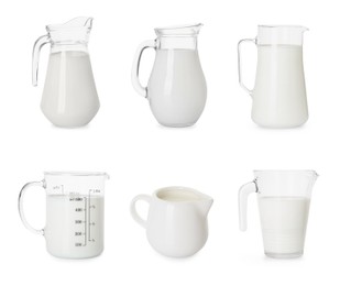 Image of Fresh milk in jugs isolated on white, set