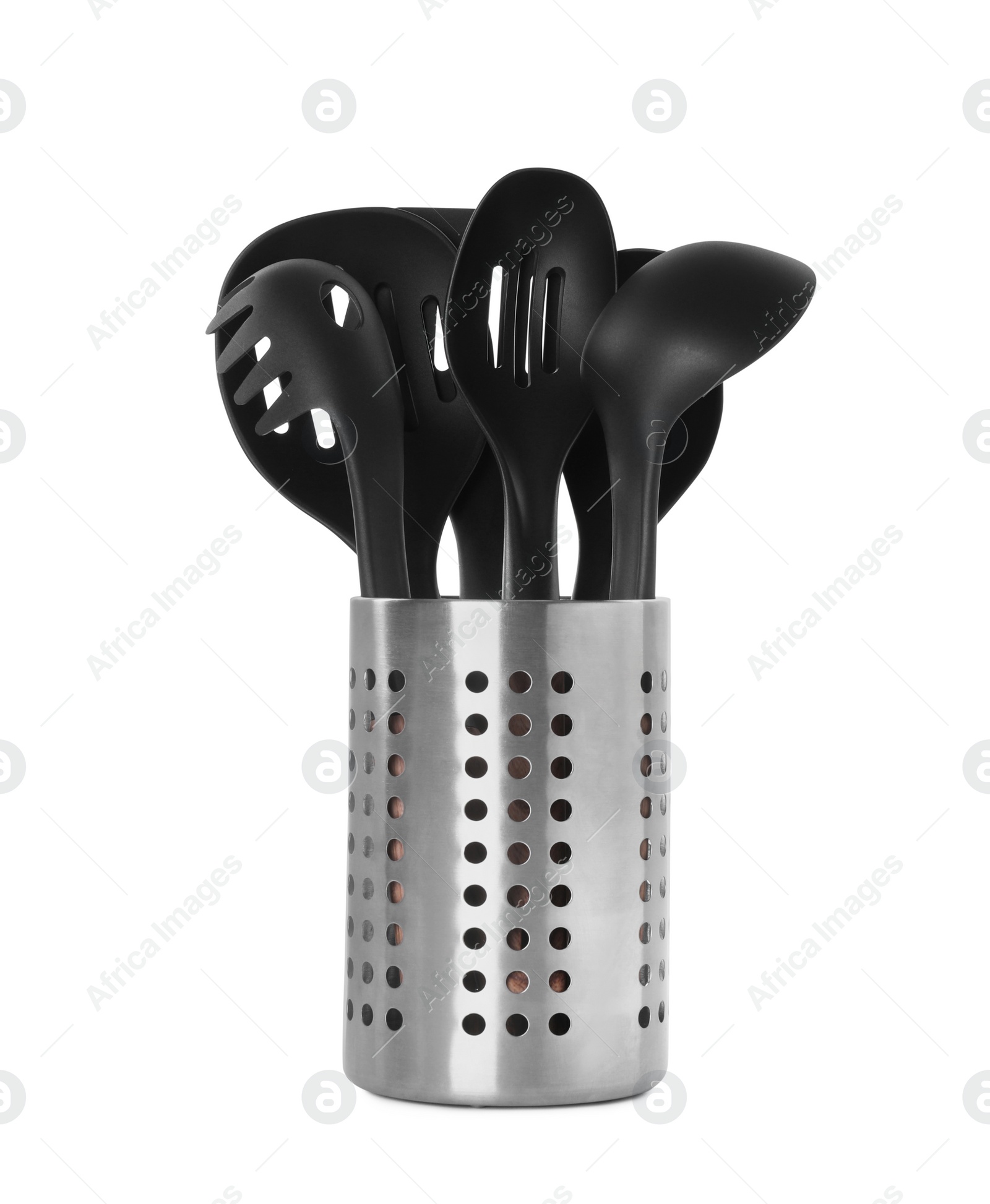 Photo of Set of kitchen utensils in metal holder isolated on white