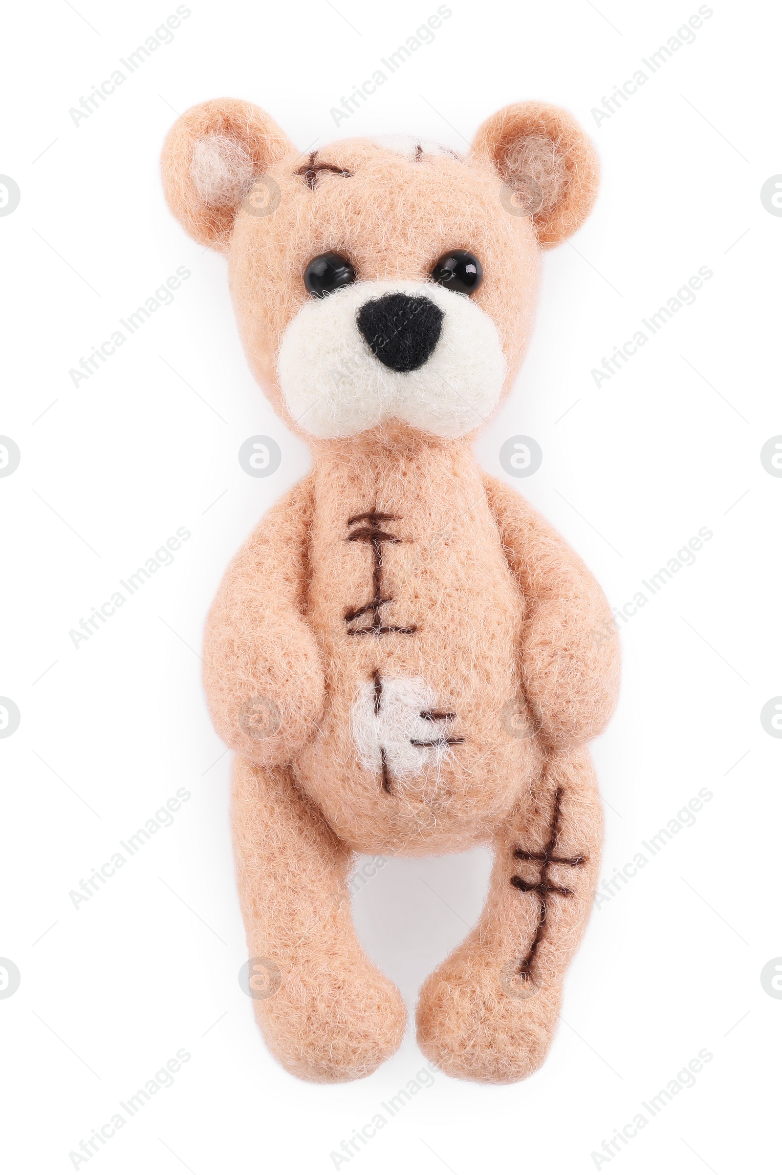 Photo of Needle felted bear isolated on white, top view