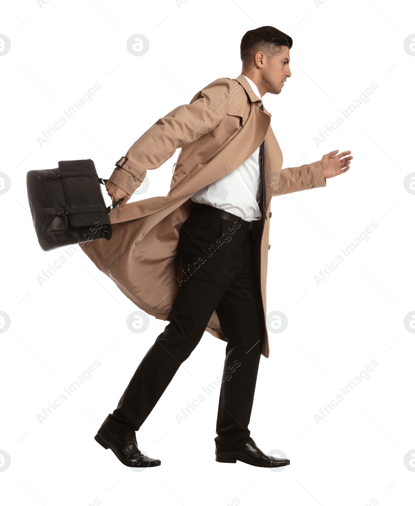 Photo of Businessman in trench coat with stylish leather briefcase on white background