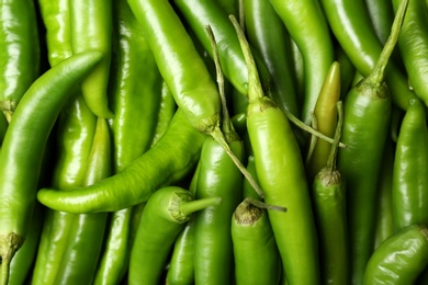 Photo of Ripe hot chili peppers as background, closeup