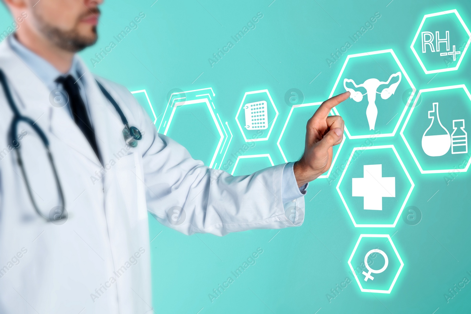 Image of Menopause concept. Doctor touching uterus icon on digital screen against turquoise background, closeup