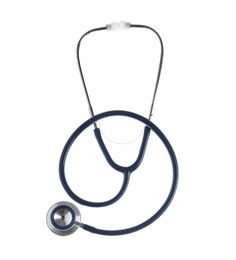 Photo of Stethoscope on white background, top view. Medical device