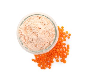 Photo of Lentil flour in glass jar and seeds isolated on white, top view