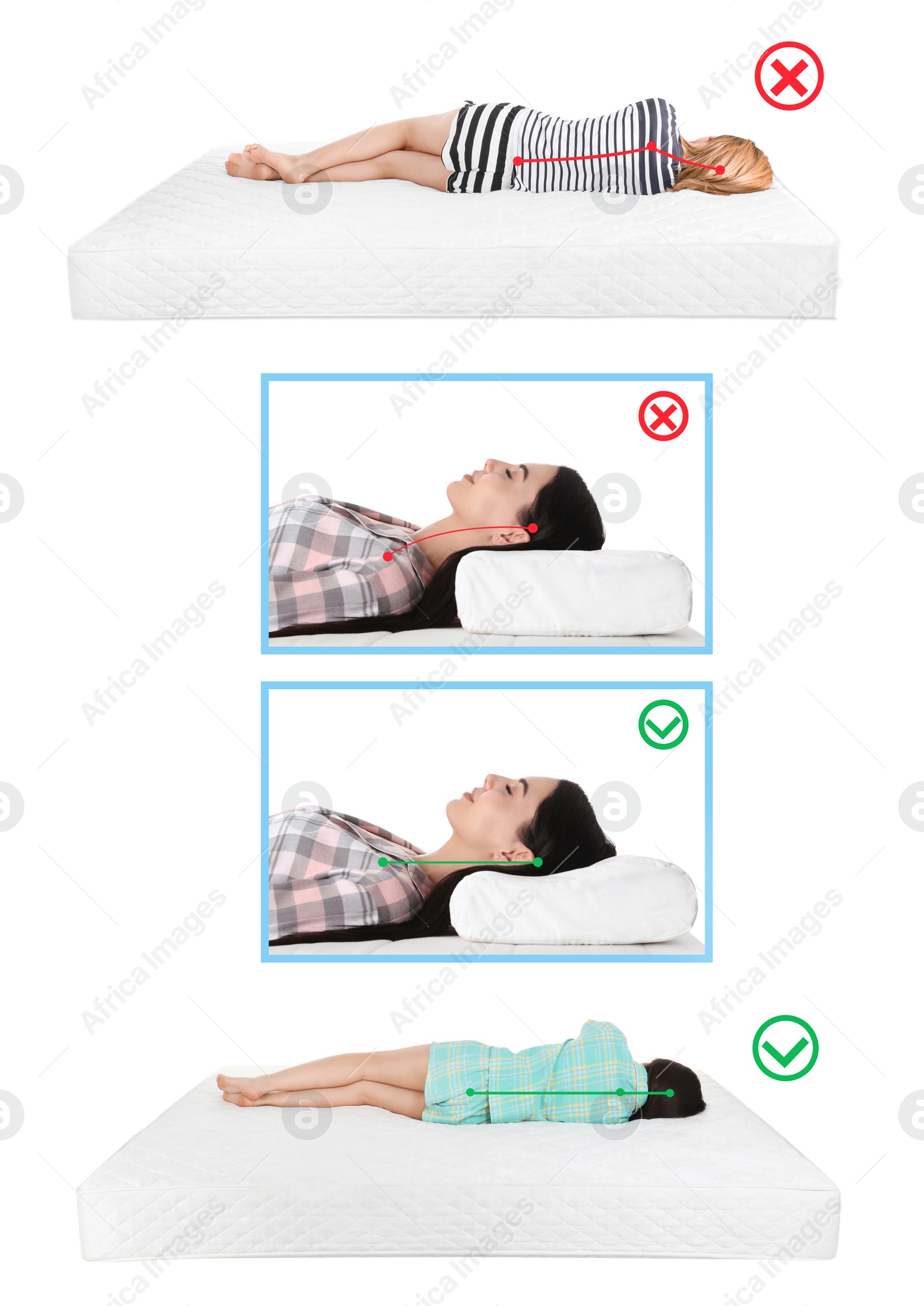 Image of Wrong and correct sleeping posture. Choose right pillow and mattress 