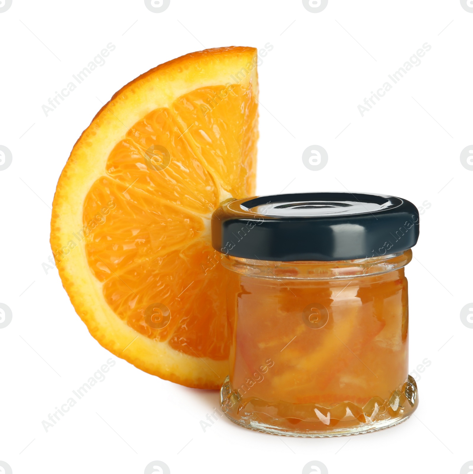 Photo of Jar with orange jam and fresh fruit on white background