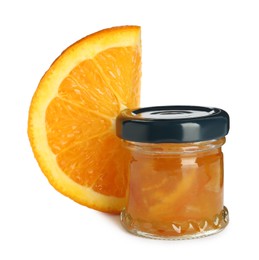 Jar with orange jam and fresh fruit on white background