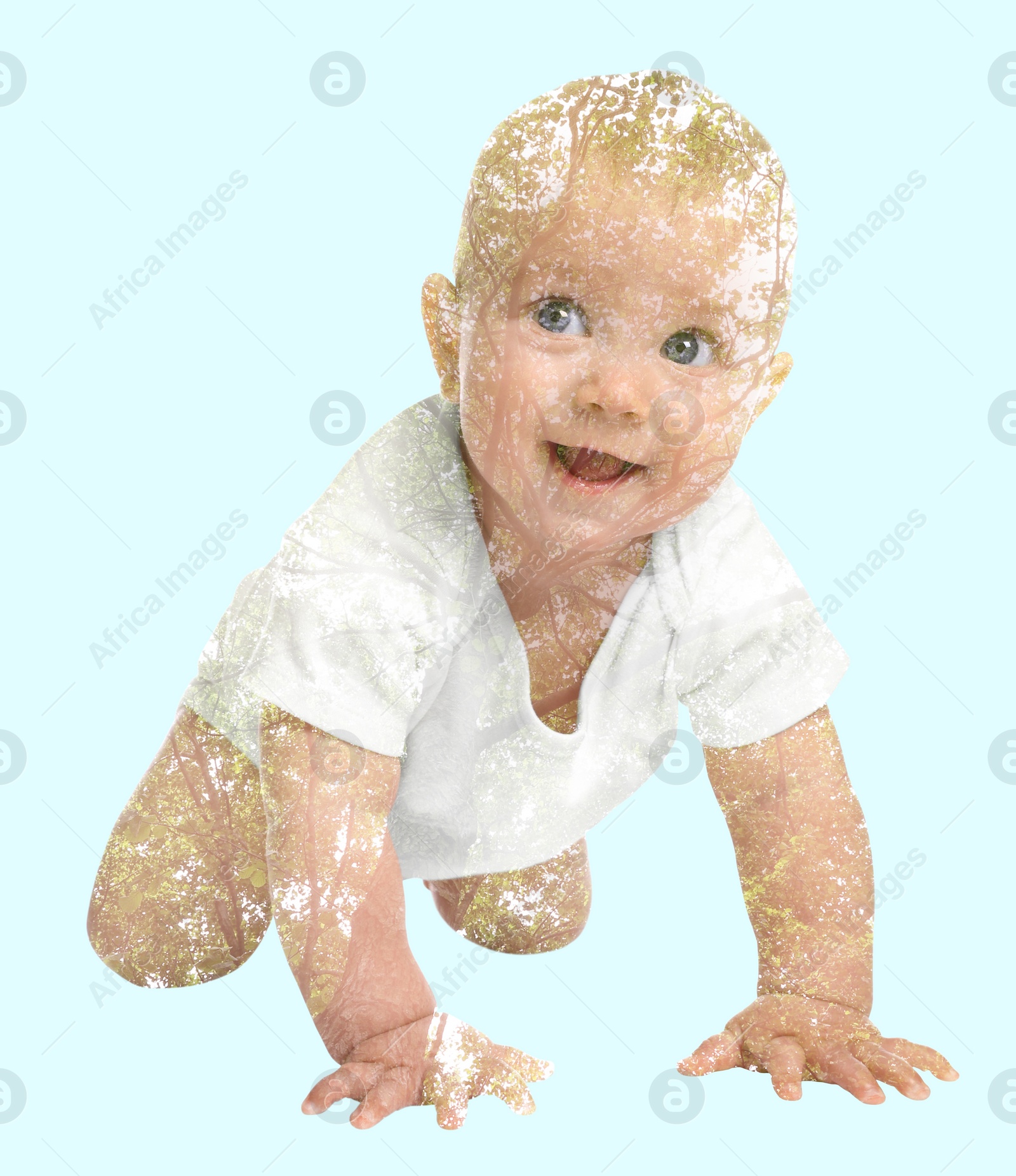 Image of Double exposure of cute little child and green tree on light blue background