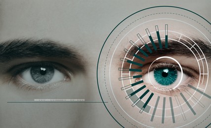 Image of Closeup view of man in process of scanning, focus on eye