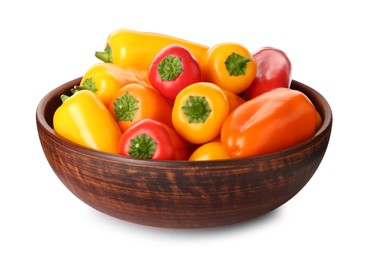 Bowl of ripe bell peppers isolated on white