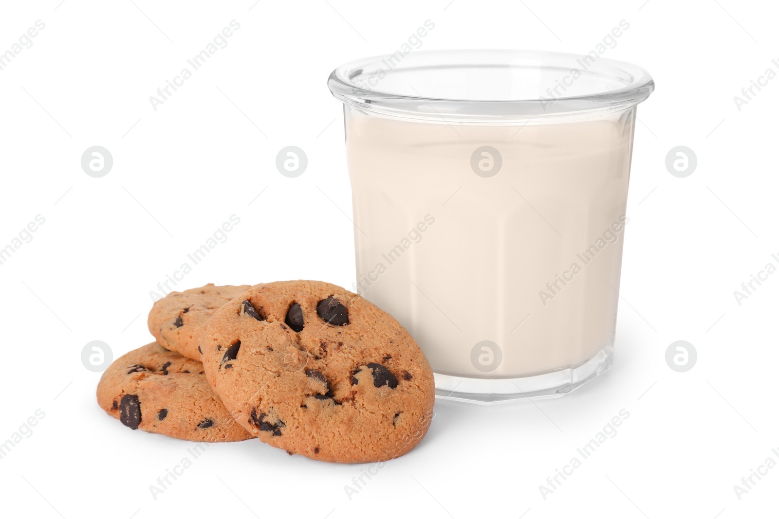 Photo of Delicious chocolate chip cookies and milk isolated on white