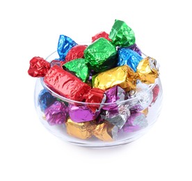 Photo of Bowl with many tasty candies in colorful wrappers on white background