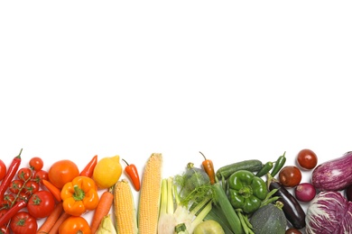 Photo of Many different fresh vegetables on white background, top view