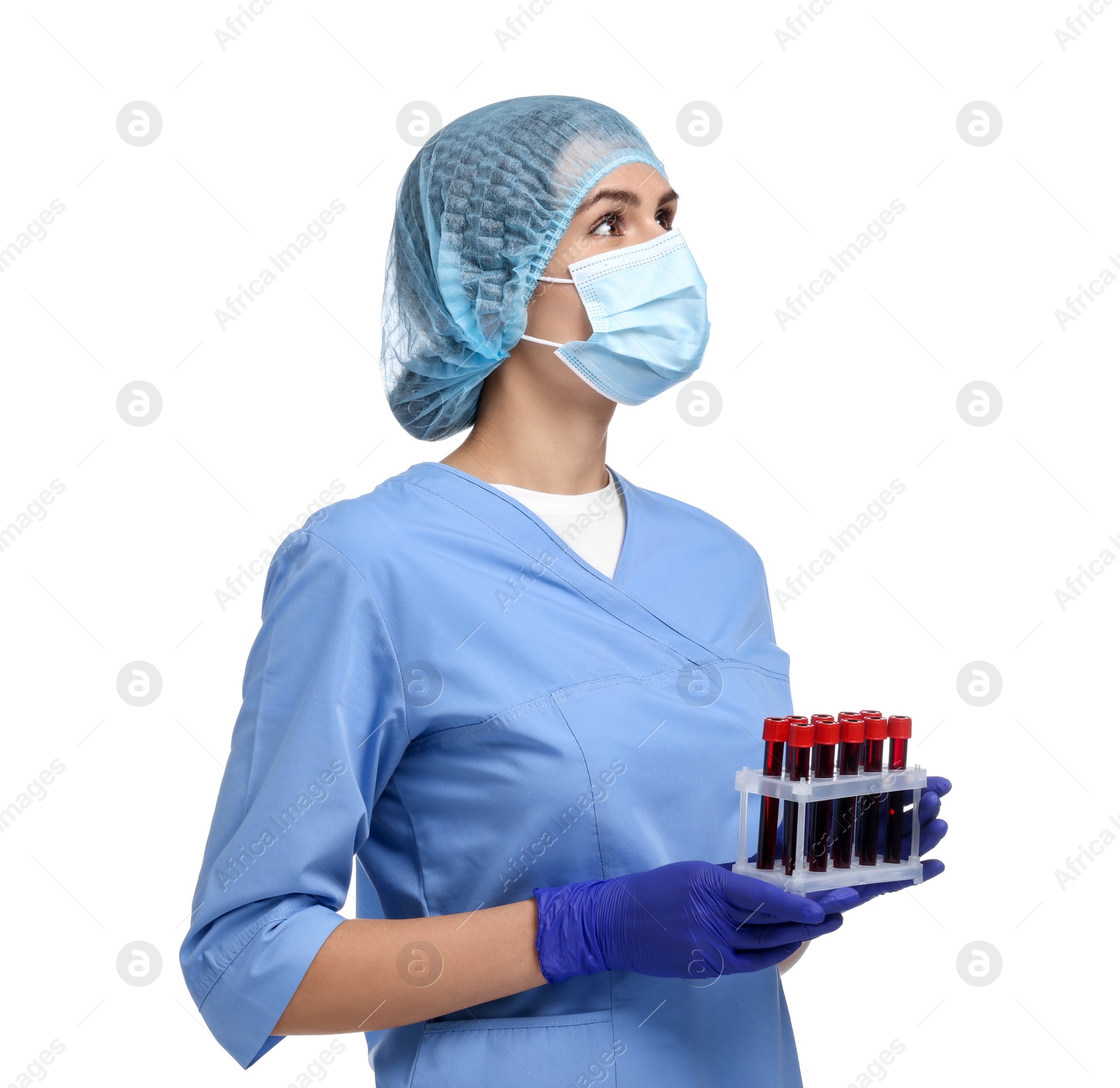 Photo of Laboratory testing. Doctor with blood samples in tubes on white background