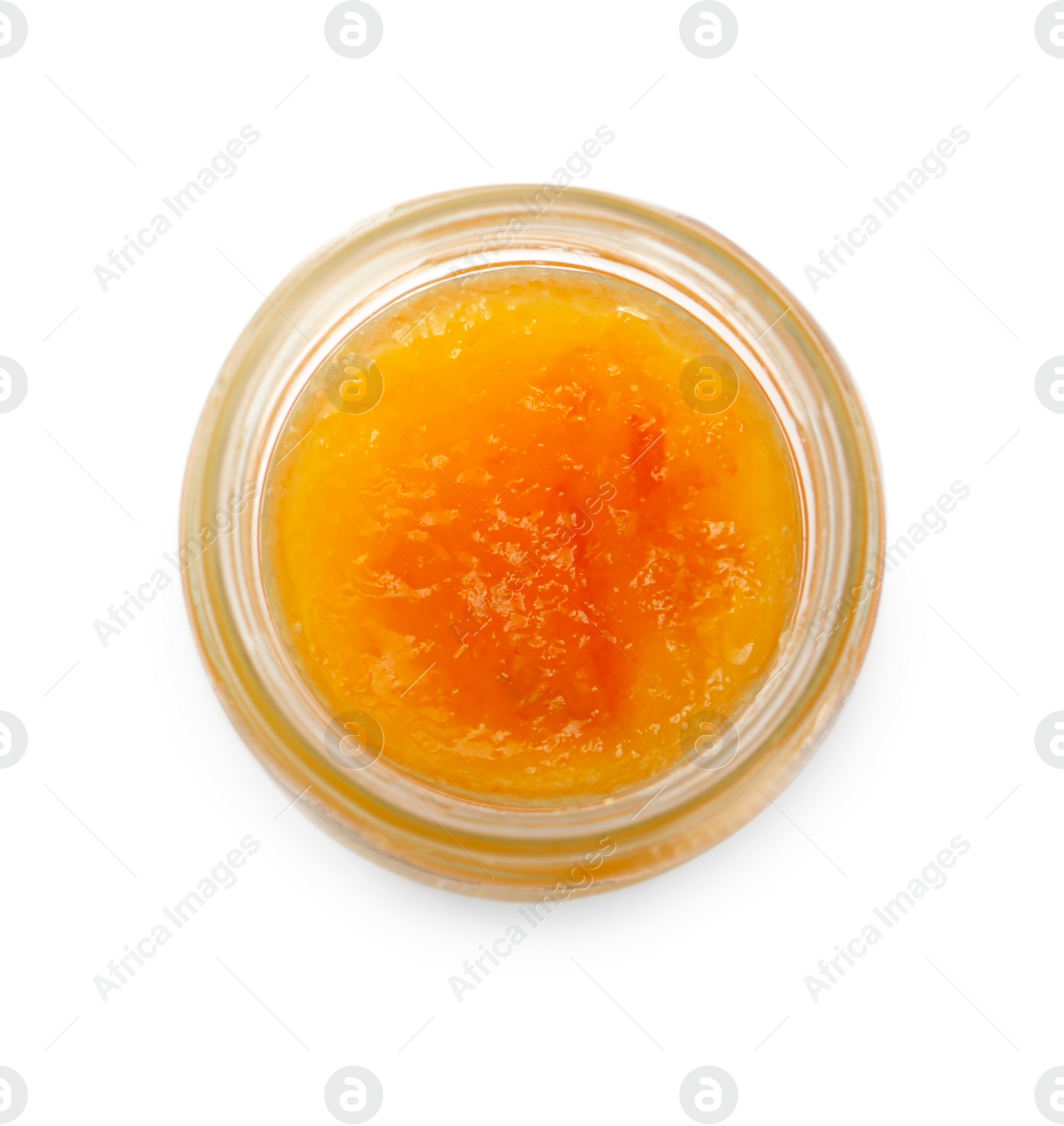 Photo of Glass jar with sweet jam isolated on white, top view