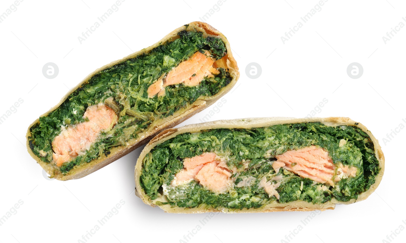 Photo of Pieces of tasty strudel with salmon and spinach isolated on white, top view
