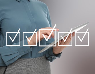 Illustration of check boxes with marks and woman using tablet on light grey background, closeup