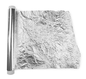 Roll of aluminum foil isolated on white, top view