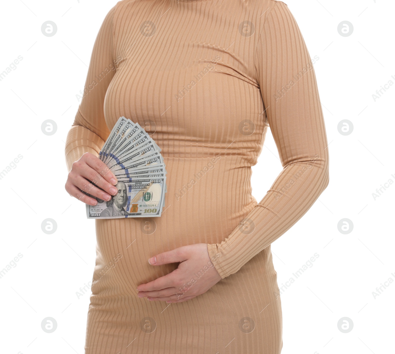 Photo of Surrogate mother. Pregnant woman with dollar banknotes on white background, closeup