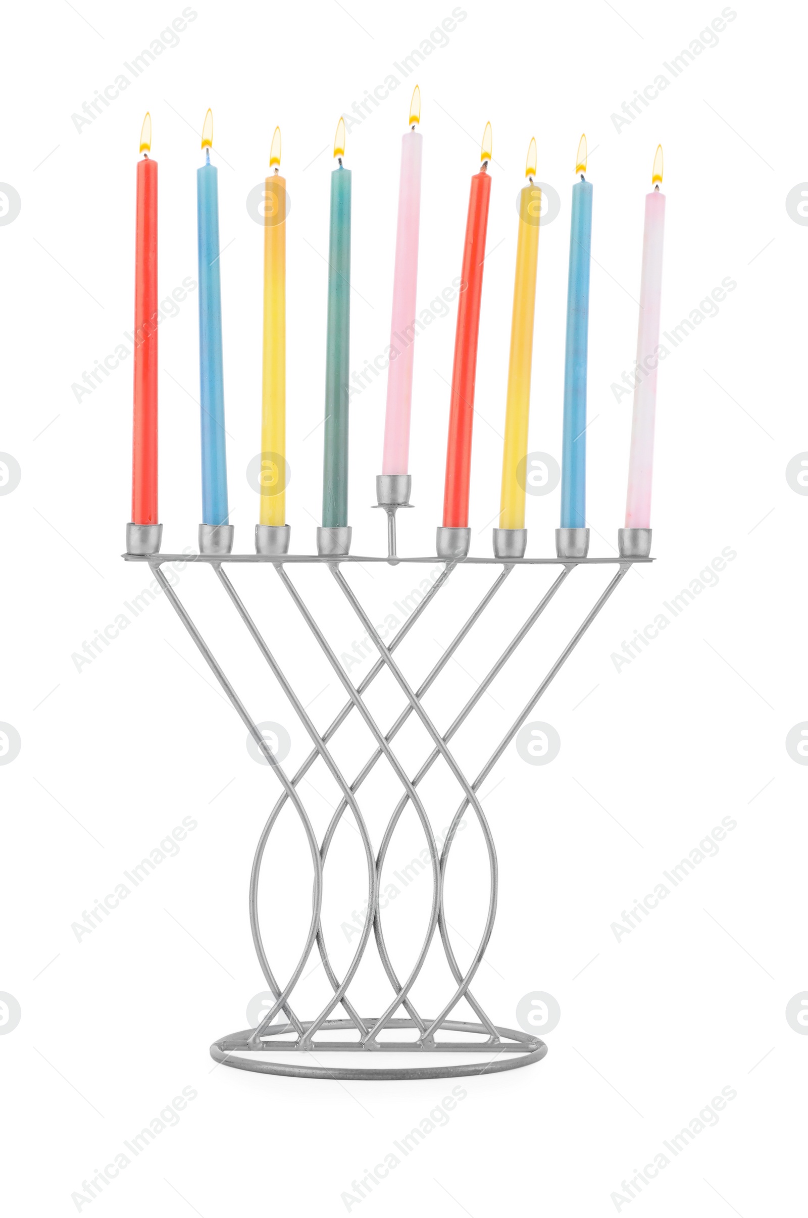 Photo of Hanukkah celebration. Menorah with colorful candles isolated on white