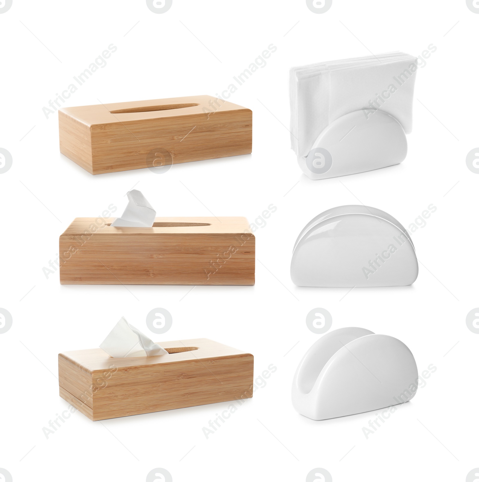 Image of Set of different modern napkin holders on white background