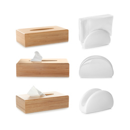 Image of Set of different modern napkin holders on white background