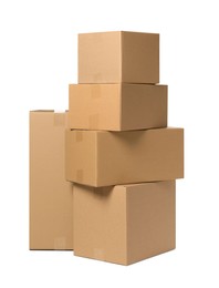 Photo of Many closed cardboard boxes on white background. Delivery service