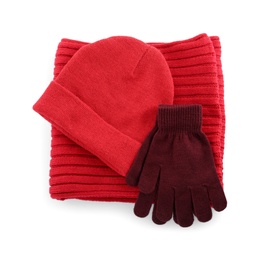 Woolen gloves, hat and scarf on white background, top view. Winter clothes